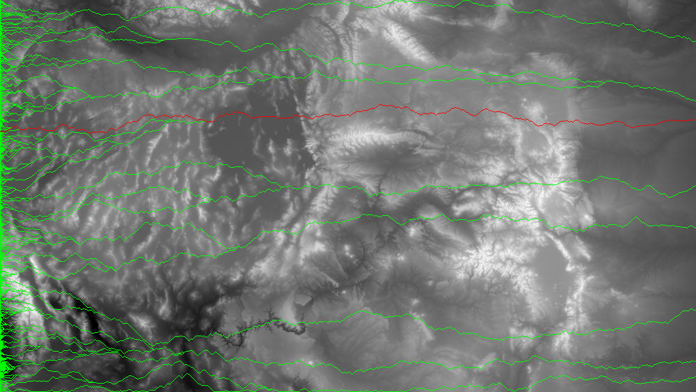 Topographic map with highlighted paths