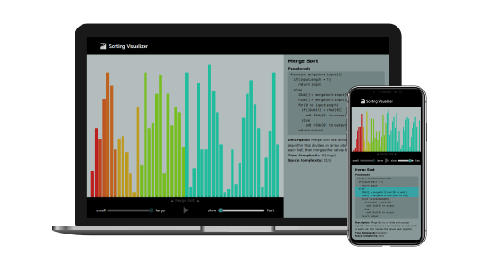 Laptop and phone screens showing sorting visualizer website